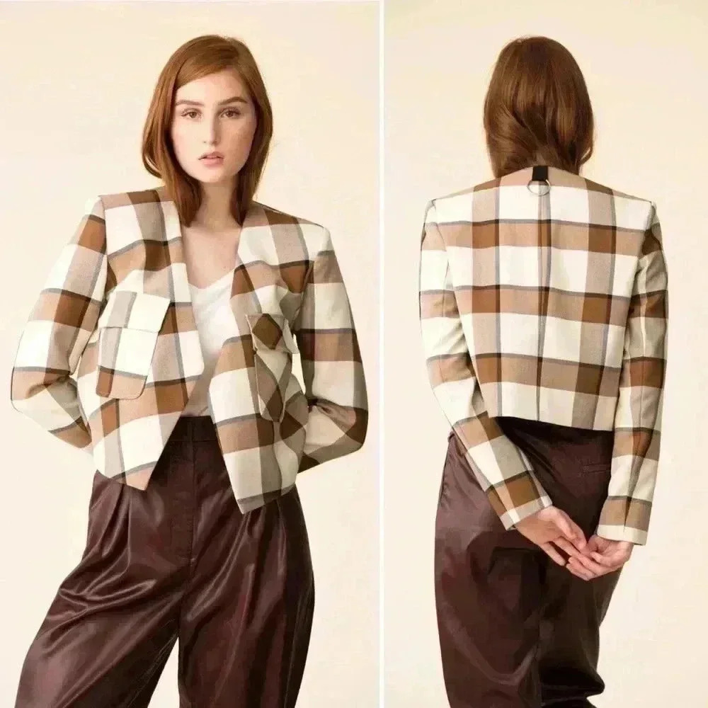 Tibi Dylan Plaid Cream Cropped Jacket Blazer in Ivory Camel Size 12